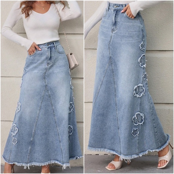 BellanBlue Dresses & Skirts - Light Wash Floral Applique High Waisted Denim Maxi Skirt